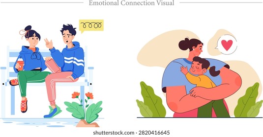 A professional vector compilation showcasing interpersonal communication, modern relationship dynamics, and family bonding concepts titled 