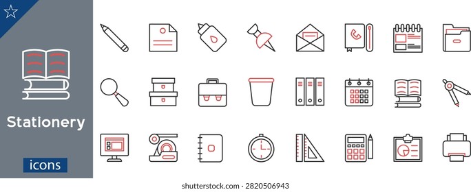 A professional vector compilation showcasing office supplies interface graphics, corporate workspace objects, and school desk equipment titled 