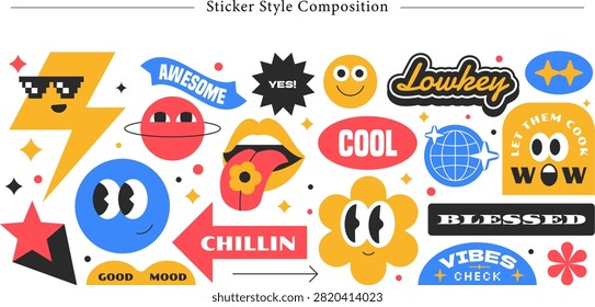 A professional vector compilation showcasing retro cartoon badges, youth pop culture labels, and modern street fashion graphics titled 