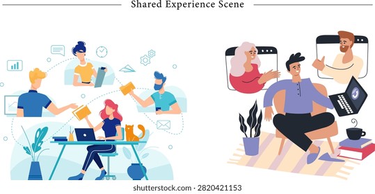A professional vector compilation showcasing virtual collaboration frameworks, distributed workflow management, and remote team interaction models labeled 