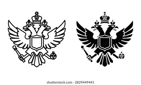 A professional vector depiction of the Russian double-headed eagle emblem. This design comes in both a clean outline and a bold solid silhouette format suitable for heraldry historical or cultural graphic projects.