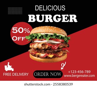 Professional vector design poster for a burger promotion with 50% off and free delivery. Perfect for fast food ads and promotions.