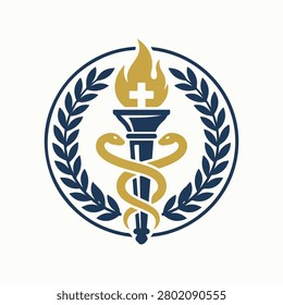 A professional vector emblem featuring a burning torch with a medical cross and entwined snakes within a circular laurel wreath frame.