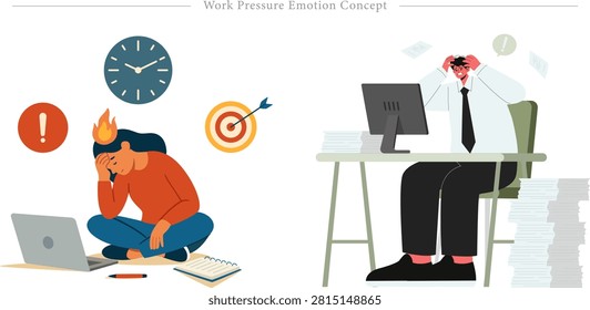 A professional vector flat conceptual illustration depicting workplace stress, employee burnout, and intense deadline pressure in a corporate environment. On the left side, a frustrated female freelancer sits cross-legged on the floor in front of her open laptop, holding her forehead in exhaustion with a literal flame graphic above her head to symbolize extreme mental exhaustion, surrounded by symbolic floating icons of a wall clock, an exclamation mark alert, and a target bullseye with an arrow. On the right side, a stressed businessman in an office setting sits at his computer desk, pulling his hair in panic over massive stacks of unorganized paperwork, high task volumes, and strict performance metrics. This versatile business lifestyle graphic asset is exceptionally well-suited for corporate wellness landing pages, human resources management blogs discussing mental health at work, professional coaching presentations on time management, and psychological health application interfaces.