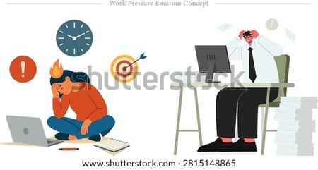 A professional vector flat conceptual illustration depicting workplace stress, employee burnout, and intense deadline pressure in a corporate environment. On the left side, a frustrated female freelancer sits cross-legged on the floor in front of her open laptop, holding her forehead in exhaustion with a literal flame graphic above her head to symbolize extreme mental exhaustion, surrounded by symbolic floating icons of a wall clock, an exclamation mark alert, and a target bullseye with an arrow. On the right side, a stressed businessman in an office setting sits at his computer desk, pulling his hair in panic over massive stacks of unorganized paperwork, high task volumes, and strict performance metrics. This versatile business lifestyle graphic asset is exceptionally well-suited for corporate wellness landing pages, human resources management blogs discussing mental health at work, professional coaching presentations on time management, and psychological health application interfaces.