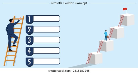 A professional vector flat conceptual infographic illustration depicting career development, business progression, and corporate milestones. The left section features a male entrepreneur or executive in a dark blue suit climbing up a tall wooden step ladder, positioned next to a numbered list template showing steps one to five inside dark blue badges with blank text boxes for custom data entry. The right section transforms this theme into a physical journey, displaying a series of rising 3D cubic blocks arranged like staircases, interconnected by red ladders. A smaller businessman holding a briefcase stands midway up the structure, planning his path toward the highest pedestal where a bright red target flag marks ultimate success. This highly functional design layout is perfectly structured for corporate timeline presentations, strategic planning landing pages, human resources milestone tracking dashboards, and professional milestone training brochures.