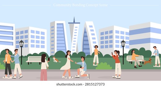 A professional vector flat illustration depicting a lively community bonding concept scene inside a bustling modern city park. The composition features diverse people enjoying a beautiful day outside against a spectacular urban skyline composed of unique futuristic skyscrapers, geometric apartment towers, and architectural landmarks under a clear blue sky. Within the green park lawn, various social interactions are taking place: on the far left, two young men walk together in casual attire next to a vintage black lamppost; nearby, a young woman takes a picture with her mobile phone. In the center, a romantic marriage proposal unfolds as a young man gets down on one knee to present an engagement ring to his surprised girlfriend, who wears a lovely white dress, while a friendly brown and white dog sits quietly in the background grass. To the right, another woman stands capturing the landscape with her smartphone, a person relaxes near a park bench, and a young couple interacts affectionately while walking their small pet dog. This versatile graphic asset is ideal for real estate promotional banners, community development website backgrounds, urban lifestyle blogging, public welfare campaign infographics, and neighborhood socializing presentation layouts.