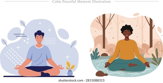 A professional vector flat illustration set capturing calm peaceful moments through characters practicing mindfulness and meditation. On the left, a man sits in a lotus yoga pose with eyes closed against an abstract lavender blue background adorned with delicate leaves, geometric cross patterns, and a small potted golden plant. He wears a light blue t-shirt and dark shorts, exuding a sense of deep breathing and inner peace. On the right, a dark-skinned woman with curly hair is depicted meditating cross-legged in a serene outdoor forest environment near a flowing river stream. She wears a warm mustard yellow sweater and teal trousers, surrounded by minimalist tree silhouettes, soft orange foliage, river rocks, and green wild grass blades. Every element is thoughtfully designed to represent mental emotional balance, stress reduction, and zen tranquility. This multi-scene graphic asset is perfect for mental health wellness applications, yoga studio websites, spiritual self-care blogs, lifestyle coaching brochures, and meditation retreat promotional presentation layouts.