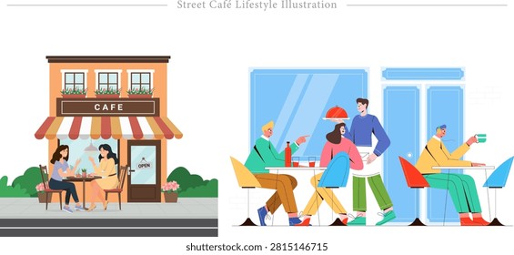 A professional vector flat illustration set depicting modern outdoor café culture, city dining experiences, and service hospitality. On the left, a detailed two-story European-style café storefront is shown with an orange facade, window flower boxes, and a striped awning. Two female friends are sitting happily at a small sidewalk table, chatting over coffee, with an 