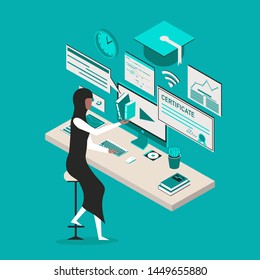Professional vector flat images of Online Education with Arabian woman for website and mobile website.Web page design templates. Easy to edit and customize. Conceptual illustration. Blue background.