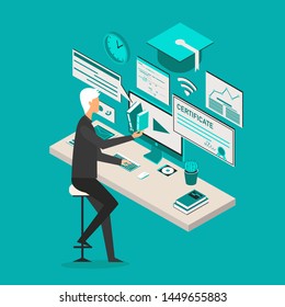 Professional vector flat images of Online Education with white man for website and mobile website.Web page design templates. Easy to edit and customize. Conceptual illustration. Blue background.