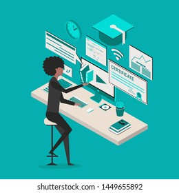 Professional vector flat images of Online Education with black woman for website and mobile website.Web page design templates. Easy to edit and customize. Conceptual illustration. Blue background.