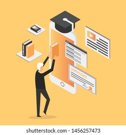 Professional vector flat images of Online Education with white man for website and mobile website.Web page design templates. Easy to edit and customize. Conceptual illustration. Yellow background.