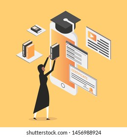 Professional vector flat images of Online Education with Arabian woman for website and mobile website.Web page design templates. Easy to edit and customize. Conceptual illustration. Yellow background.