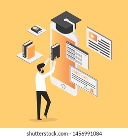 Professional vector flat images of Online Education with white man for website and mobile website.Web page design templates. Easy to edit and customize. Conceptual illustration. Yellow background.