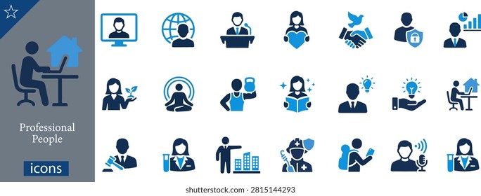 A professional vector flat solid icon set featuring a comprehensive collection of diverse career occupations, professional people avatars, and modern human lifestyle activities. Designed in a clean two-tone navy blue and cyan palette, the layout features a distinct left-side title panel displaying a remote worker typing on a laptop with a house silhouette overlay, accompanied by the text 