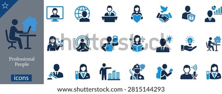 A professional vector flat solid icon set featuring a comprehensive collection of diverse career occupations, professional people avatars, and modern human lifestyle activities. Designed in a clean two-tone navy blue and cyan palette, the layout features a distinct left-side title panel displaying a remote worker typing on a laptop with a house silhouette overlay, accompanied by the text 