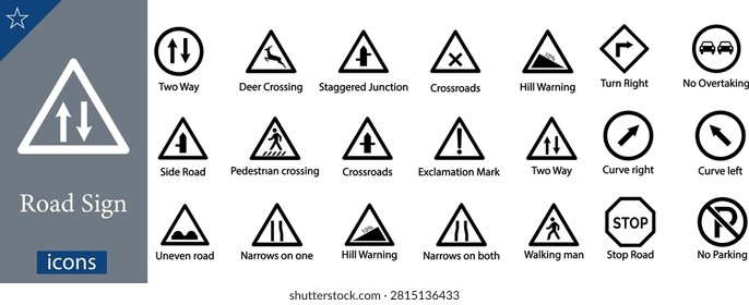 A professional vector glyph icons set presenting a comprehensive matrix of regulatory traffic warnings, driving rules, and official road sign symbols. Designed with a bold high-contrast black and white graphic style, this structured grid collection displays standard highway safety indicators with clear text labels underneath. The matrix includes circular regulatory markings for two way traffic flows, no overtaking zones, and no parking restrictions, alongside a prominent octagonal stop road sign. Triangular hazard warnings feature distinct pictograms for deer crossing wildlife alerts, a staggered junction, crossroads intersections, steep hill warning inclines, a side road entry, a pedestrian crossing walkway, a sharp exclamation mark danger signal, an uneven bumpy road surface, narrowing lanes on one or both sides, and a walking man pedestrian path indicator. Diamond shapes specify a mandatory turn right instruction, while circular directional symbols guide drivers through an upcoming curve right or curve left. Excellent vector graphic asset for driving school educational textbooks, GPS navigation mobile app interfaces, highway safety public awareness posters, traffic management infographics, and municipal urban transit system documentation layouts.