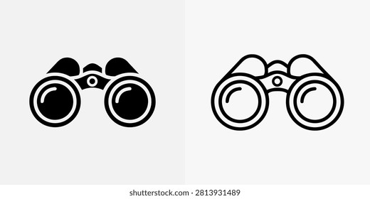 Professional vector graphic of binoculars shown in two distinct artistic styles including a bold solid silhouette and a minimalist line art version ideal for exploring nature bird watching sightseeing surveillance scouting and outdoor adventure activities for hobbyists and professionals.