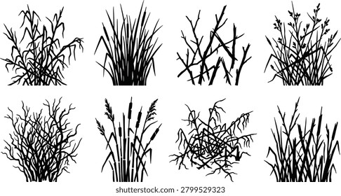 A professional vector graphic collection featuring detailed black silhouettes of marsh grass, cattails, swamp reeds, and riverbank shrubs. This versatile design asset set is perfect for environmental layouts, outdoor landscape rendering, and nature-themed graphics.