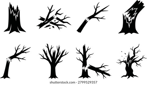 A professional vector graphic collection featuring detailed black silhouettes of shattered tree trunks, snapped logs, broken branches, and fallen timber. This versatile design asset set is perfect for environmental disaster concepts, deforestation layouts, and spooky autumn scenery rendering.