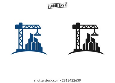 A professional vector graphic featuring a construction crane building a modern city skyline in blue and black silhouette styles.