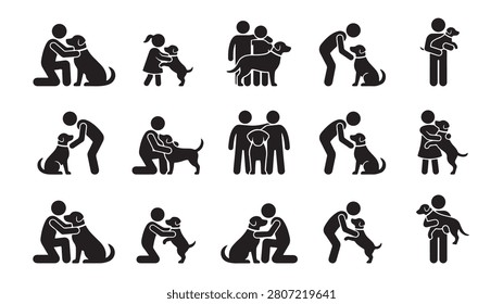 Professional vector graphic illustration showing various stick figures interacting with pet dogs in diverse poses including hugging cuddling standing and kneeling to demonstrate bonding and companionship between humans and their loyal animal friends within a clean minimalist black and white design style suitable for modern instructional signage projects