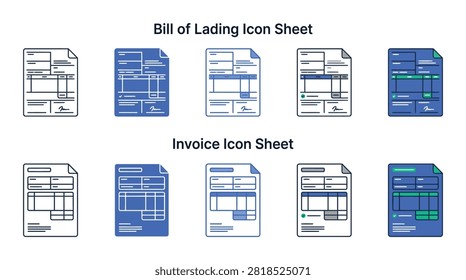 Professional vector graphic set featuring detailed bill of lading and invoice document icons with varied blue and green color styles for modern business financial reporting usage