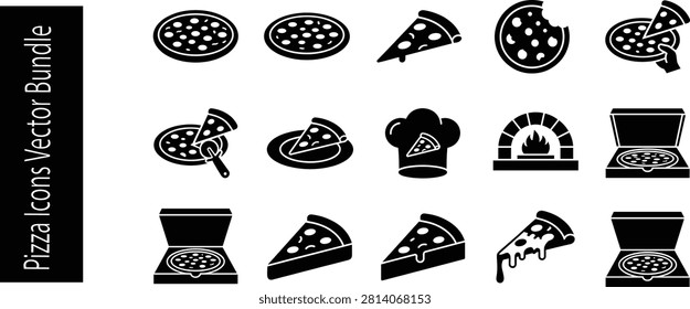Professional vector icon bundle featuring whole pizzas, pizza slices, pizza box, chef hat, pizza cutter, and wood fired oven symbols. Ideal for pizzerias, food delivery apps, restaurant menus, websites, branding, packaging, and marketing materials.