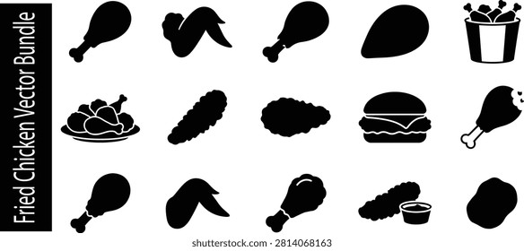 Professional vector icon bundle featuring fried chicken drumsticks, wings, crispy chicken, chicken bucket, burger, dipping sauce, and poultry food symbols. Ideal for restaurants, fast food menus, food delivery apps, packaging, branding, websites, and promotional materials.