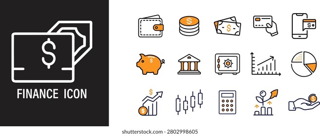 Professional vector icon collection covering banking, payment, investment, and money management themes in a clean outline style with orange accents. Suitable for fintech apps, financial reports, dashboards, websites, presentations, and marketing content needing clear economic and business visuals.