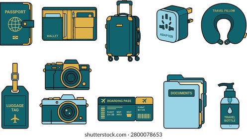 Professional vector icon collection featuring travel essentials including passport, luggage, wallet, adapter, boarding pass, camera, travel documents, and personal accessories. Perfect for tourism websites, travel agencies, vacation planning materials, mobile apps, and transportation-related designs.