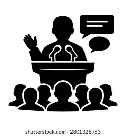 A professional vector icon depicting a man delivering a speech, representing public speaking, communication, leadership, presentations, conferences, meetings, and motivational talks. Perfect for business, education, political, and event-related design projects.