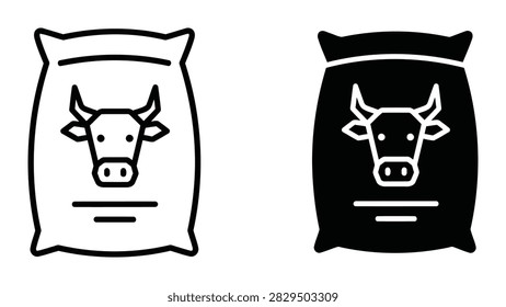 A professional vector icon featuring a bag of cattle feed clearly marked with a cow head silhouette. This graphic is highly suitable for agricultural supply companies livestock farming websites or animal feed packaging designs.
