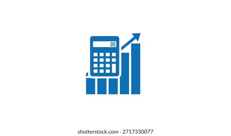 Professional vector icon featuring a blue calculator on an upward-trending bar chart, symbolizing financial growth, business analytics, and