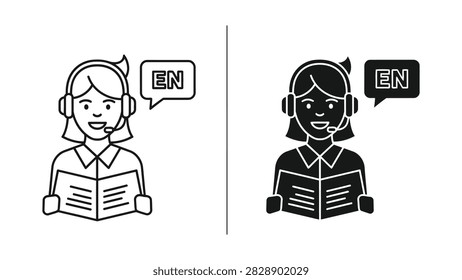 A professional vector icon featuring a customer support representative wearing a headset with a speech bubble labeled EN for English. This icon is ideal for website help desks customer service portals and multilingual communication platforms.