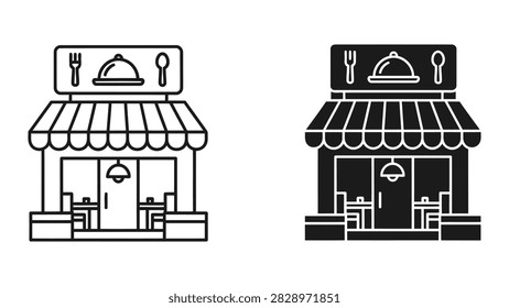 A professional vector icon featuring a restaurant building with cutlery signage representing dining food services and hospitality. Clean lines and solid shapes for versatile usage.