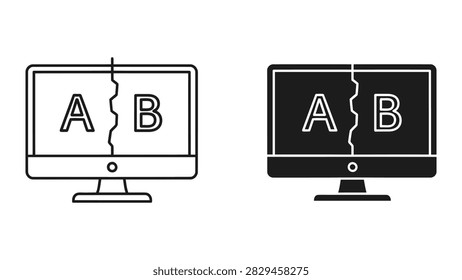 A professional vector icon representing A B testing or comparison featuring a computer monitor split down the middle. This icon is essential for marketing web development and data analysis presentations offered in both line and solid styles.