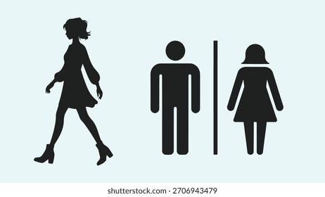 Um conjunto de ícones vetoriais profissionais com três silhuetas distintas: uma figura feminina ambulante elegante e os glifos masculinos e femininos padronizados separados por uma linha vertical, normalmente usados para público