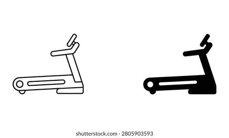 Professional vector icon set featuring a treadmill presented in both outline and solid glyph styles perfect for fitness and wellness UI design.