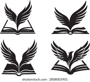 A professional vector icon set featuring four creative variations of an open book integrated with expansive wings. This collection symbolizes the freedom of knowledge, academic success, inspiration, and the power of storytelling. These bold, black silhouette icons are perfect for educational institutions, libraries, publishers, creative writers, and motivational brands. High-quality, scalable vector format, ideal for logos, website icons, and branding materials.