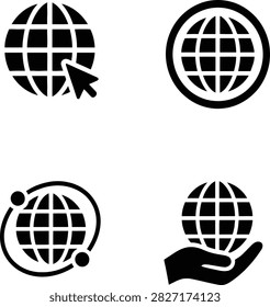 A professional vector icon set featuring four distinct black globe logo designs in a clean silhouette style. Includes variations showing a web pointer click, a bold circular frame, a digital communication orbit with connection dots, and a protective hand supporting the planet. Ideal for global logistics, eco-friendly charities, technology systems, and corporate branding.
