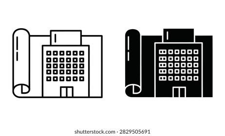Professional vector icon set featuring an architectural building blueprint and construction plans. Ideal for real estate engineering construction firms and architectural design visualization.