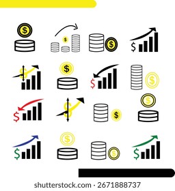 Un conjunto de íconos de Vector profesional para las finanzas, que incluye íconos de una lupa con un signo de dólar, gráficos de barras en crecimiento y monedas apiladas. Ideal para su uso en App financieros, Sitios web de inversión, etc.