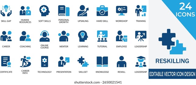 A professional vector icon set focused on reskilling, upskilling, and workforce development.  Perfect for HR platforms, educational apps, and corporate training materials.