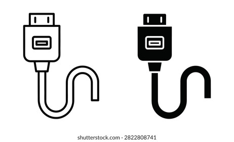 Professional vector icon set of HDMI cable connectors in outline and solid styles for tech and electronics design.