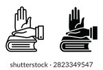 A professional vector icon set showing a hand placed on a book for legal oath, court testimony, or justice concepts.