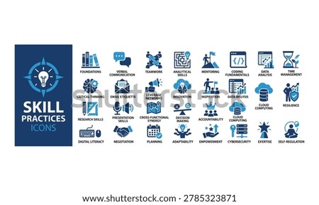 Professional vector icon set for skill practices, business development, career growth, digital literacy, professional education, and corporate workplace training concepts.