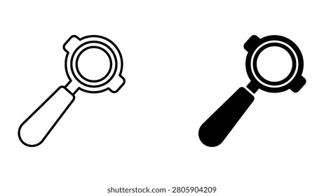 Professional vector icon showing a coffee portafilter an essential tool for baristas and espresso machines. Ideal for coffee shops cafes and beverage industry apps.