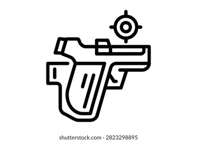 Professional vector icon showing a pistol and a crosshair target symbol representing marksmanship shooting sports safety training and accuracy testing in a clean black and white outline graphic style.